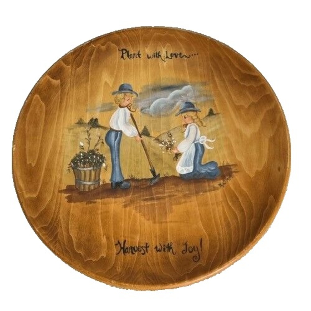 VTG 89's Folk Art Hand Painted Wooden Plate Plant with Love Harvest with Joy 14"